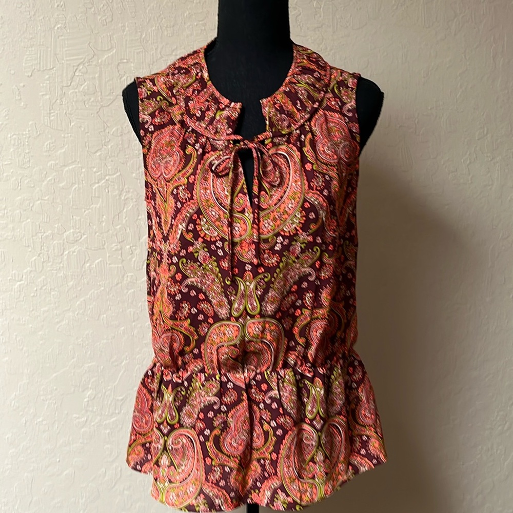 Banana Republic Sleeveless Paisley Peplum Top - Burgundy, Pink, Green